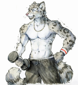 anthro arm_tuft black_bottomwear black_clothing black_pants bottomwear cheek_tuft clothed clothing exercise facial_tuft front_view fur grey_body grey_fur head_tuft male markings muscular muscular_anthro muscular_male pants pink_nose shoulder_tuft simple_background solo spots spotted_body spotted_fur standing striped_markings striped_tail stripes tail tail_markings teeth topless tuft unsigned weightlifting white_background white_body white_fur workout akatan_art felid mammal pantherine snow_leopard hi_res portrait three-quarter_portrait traditional_media_(artwork)