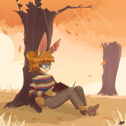 anthro autumn book clothing eyewear female fur glasses orange_body orange_fur pattern_clothing reading reading_book sitting_under_tree striped_clothing stripes wearing_glasses jaypinho jane_kruger lagomorph leporid mammal rabbit 1:1 herm_(lore) intersex_(lore)