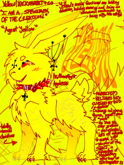 ambiguous_gender christian_cross christian_symbol claws collar cross facial_piercing feral fur lip_piercing nose_piercing paws piercing pronouns religion religious_symbol scar self-harm_scars septum_piercing simple_background smile smirk snakebite_piercing solo standing text upside_down yellow_background yellow_body yellow_fur jackrabbit_(artist) christianity yellow_(jackrabbit) hare lagomorph leporid mammal rabbit 2025 3:4 english_text hi_res