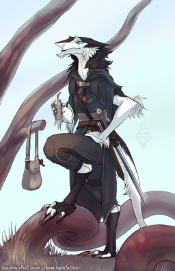 4_fingers 4_toes ambiguous_gender anthro blue_eyes claws clothed clothing dagger dark_body dark_fur digitigrade feet finger_claws fingers fully_clothed fur melee_weapon outside simple_background solo sword toe_claws toes weapon white_body white_fur raesheris sergal digital_drawing_(artwork) digital_media_(artwork) digital_painting_(artwork) hi_res painting_(artwork)