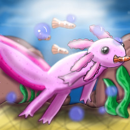 ambiguous_gender black_sclera bubble feral glare_(lighting) glistening glistening_eyes kelp markings outside partially_submerged pink_body pink_tail sea seabed seascape seaweed sky spots spotted_body spotted_markings spotted_tail swimming tail tail_markings toony water slezion_(artist) microsoft minecraft mojang xbox_game_studios amphibian aquatic axolotl axolotl_(minecraft) clownfish fish mole_salamander pomacentrid salamander tropical_fish 1:1