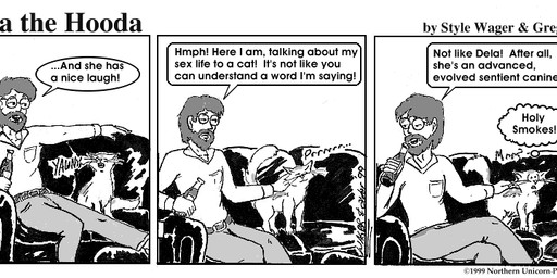 ambiguous_gender beard beverage_bottle bottle clothed clothed_male clothing container dialogue duo eyewear facial_hair feral furniture glasses male mustache not_furry soda_bottle sofa text whiskers style_wager dela_the_hooda francine_(dela_the_hooda) frank_dunn domestic_cat felid feline felis human mammal 1999 comic english_text greyscale monochrome
