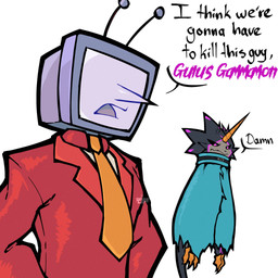 anthro black_body cape clothing duo electronics for_a_head male screen screen_face television text ridgeone1 bandai_namco deltarune digimon digimon_ghost_game i_think_we're_gonna_have_to_kill_this_guy undertale_(series) tenna_(deltarune) digimon_(species) gulusgammamon humanoid object_head scalie screen_head tv_head 1:1 english_text hi_res