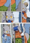 anthro blue_body blue_fur blush bodily_fluids bottomwear bulge butt butt_grab clothed clothing cum cum_on_hand curved_horn duo electronics erection fingers forced fur genital_fluids grey_body grey_fur hair half-closed_eyes hand_in_pants hand_on_butt headphones horn jacket long_ears male male/male masturbation narrowed_eyes necktie orgasm phone pole public_transportation sexual_assault shirt surprised_expression sweat sweatdrop tail tears topwear white_clothing white_topwear yellow_eyes young young_anthro young_male kurimo_jinguy bolgogi bovid caprine goat mammal absurd_res comic digital_media_(artwork) hi_res