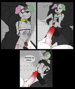 abdominal_bulge abs abuse abused abusive adult_on_young age_difference animal_genitalia animal_penis anthro black_nose blue_body blue_fur bodily_fluids camera canine_genitalia canine_penis chastity_cage chastity_device claw_marks double_penetration erection forced fur genitals green_body green_fur grey_hair group hair knot knotted_penis lying male male/male male_penetrated male_penetrating male_penetrating_male markings muscular muscular_anthro muscular_male nipples nude on_side penetration penis pink_body pink_fur purple_body purple_fur rape red_eyes restrained restraints scar scars_all_over sex sheath spots spotted_body spotted_fur tears tears_of_pain text trio vein veiny_penis video_camera white_body white_fur young young_penetrated ringpaw adam_(spottyadam) jakey_(jakeypup) canid canine canis domestic_dog mammal comic hi_res