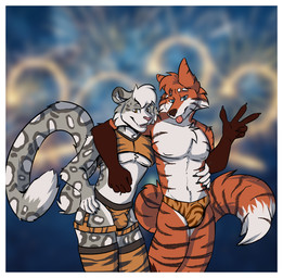 anthro arm_around_shoulders border bulge butt clothed clothing detailed_bulge duo fur grey_body grey_fur hair holidays hug lingerie male male/male muscular nipples pattern_clothing pattern_underwear smile spots stripes tongue tongue_out underwear white_body white_border mindoffur new_year sky_(mindoffur) canid canine felid fox leopard mammal pantherine snow_leopard tiger digital_media_(artwork)
