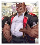 anthro bottomwear brown_body clothing duo humanoid_hands kemono male musclegut muscular overweight overweight_male pants shirt topwear white_body fuguri knights_college hermann_(knights_college) paul_pfitzner mammal suid suina sus_(pig) wild_boar 2022 absurd_res hi_res