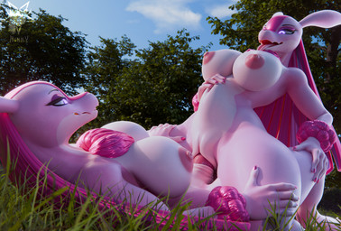 anthro areola biped breasts cowgirl_position detailed_background duo eyelashes female female_penetrated from_front_position genitals gynomorph gynomorph/female gynomorph_penetrating intersex intersex/female intersex_penetrating nipples on_bottom on_top outside penetration penile penile_penetration pink_body pupils sex smile thick_thighs vaginal vaginal_penetration vulva rinny palworld pocketpair lovander pal_(species) 3d_(artwork) digital_media_(artwork) hi_res