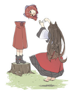 accessory barefoot black_boots black_clothing black_eyes black_footwear boots bow_ribbon brown_ears brown_hair cloak clothing detachable detachable_head dress duo feet female footwear hair hair_accessory hair_bow hair_ribbon headless jumping midair multicolored_clothing multicolored_dress red_cloak red_clothing red_dress red_hair ribbons shoes standing throwing throwing_head tree_stump white_clothing white_dress peroponesosu european_mythology irish_mythology mythology touhou kagerou_imaizumi sekibanki animal_humanoid canid canid_humanoid canine canine_humanoid dullahan humanoid mammal mammal_humanoid wolf_humanoid hi_res