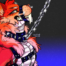 ambiguous_gender anthro black_harness bondage_gear bound chain chain_leash chained collar eyelashes facial_piercing fangs fur grey_sclera harness leash leather leather_harness leather_strap long_eyelashes looking_at_another looking_up male multi_eye nose_piercing orange_body orange_fur piercing sabertooth_(anatomy) scales septum_piercing smile smirk solo straps teeth ventral_scales yellow_eyes clawstied felid hybrid mammal 1:1 absurd_res hi_res
