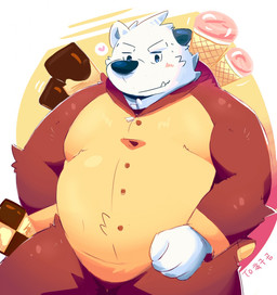 anthro blush candy chocolate clothing cute_fangs dessert fangs food fur humanoid_hands male onesie overweight overweight_anthro overweight_male solo teeth white_body white_fur bhtoss engine_beater bear mammal polar_bear ursine 2015 hi_res