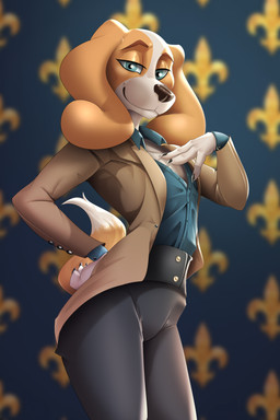 anthro anthrofied blue_eyes brown_body brown_fur clothed clothing fleur-de-lis fur jacket looking_at_viewer male multicolored_body multicolored_fur smile solo topwear two_tone_body two_tone_fur white_body white_fur nastya_tan belfort_and_lupin belfort_(belfort_and_lupin) bird_dog canid canine canis domestic_dog hunting_dog mammal spaniel hi_res
