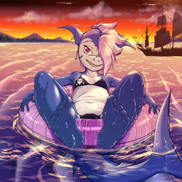 adolescent anthro arm_tattoo bikini biped black_bikini black_clothing black_swimwear blue_body breasts clothing countershade_face countershade_torso countershading ear_piercing ear_ring eyebrow_piercing eyebrow_ring facial_piercing facial_tattoo feet female fin foot_focus front_view grin hair hair_over_eye inflatable inner_tube looking_at_viewer mohawk navel outside piercing plantigrade red_eyes ring_piercing sharp_teeth ship short_hair shoulder_tattoo small_breasts smile solo sunset swimming swimwear tail tail_fin tattoo teeth two-piece_swimsuit vehicle water watercraft wet white_body white_countershading white_hair young young_anthro young_female risingdragon aquatic fish mackerel_shark mako_shark shark white_shark 2026 absurd_res hi_res