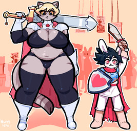 anthro belly big_belly big_breasts bikini black_hair blonde_hair boots breasts brown_body brown_fur brown_stripes cape cleavage clothed clothing crowd female footwear fur group hair holding_object holding_weapon larger_female legwear male melee_weapon overweight red_eyes shield shirt shoes short_hair size_difference smaller_male striped_body striped_fur stripes swimwear sword thigh_highs topwear tunic two-piece_swimsuit weapon yellow_eyes newtype_hero paula_(newtype_hero) rob_(newtype_hero) domestic_cat felid feline felis lagomorph leporid mammal rabbit