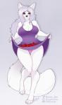 anthro apple big_breasts breasts cleavage clothed clothing clothing_lift dress dress_lift female food fruit panties plant solo underwear hiddenwolf arctic_fox canid canine fox mammal true_fox hi_res