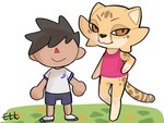 abstract_background anthro barefoot clothed clothing duo feet female fur looking_at_viewer male pink_clothing pink_topwear shirt simple_background spots topwear white_background el-k animal_crossing nintendo akino_(el-k) kouda_(el-k) cheetah felid feline human mammal 2022 digital_media_(artwork) hi_res signature