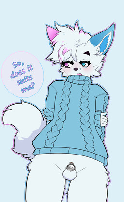 anthro blue_eyes blush bottomless chastity_cage chastity_device clothed clothing femboy flat_chastity_cage front_view fur hair hands_behind_back heterochromia looking_aside male multicolored_body multicolored_fur outline pink_eyes short_hair shy solo speech_bubble sweater sweater_only tail topwear topwear_only luckesha canid canine domestic_cat felid feline felis fox hybrid mammal absurd_res digital_media_(artwork) hi_res