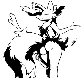 ambiguous_gender anthro butt eyes_closed finger_gun fingers fluffy fluffy_tail fur gesture hand_gesture inner_ear_fluff looking_back low-angle_view rear_view simple_background smile smug smug_face solo standing stick tail tuft white_background aphelion_host nintendo pokemon braixen canid canine generation_6_pokemon mammal pokemon_(species) greyscale monochrome sketch