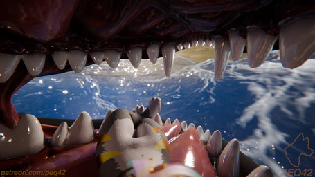 anthro beach body_in_mouth duo male male/male open_mouth oral_vore relaxing tattoo teeth tongue vore peq42 peq_(peq42) mayu_(azuki) merpling_(sweetwater) sergal 3d_(artwork) digital_media_(artwork) hi_res