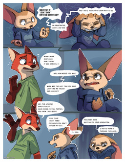 angry anthro border clothing dialogue duo male onesie sad speech_bubble text white_border kuuneho disney zootopia finnick_(zootopia) nick_wilde canid canine fennec_fox fox mammal red_fox true_fox comic english_text hi_res