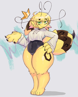 antennae_(anatomy) anthro arthropod_abdomen belly big_butt biped breasts butt claws clothing crown female female_anthro fur green_eyes hand_on_hip headgear hoodie leotard markings navel_outline stinger sweater topwear wide_hips yellow_body yellow_fur mielle_(vvmilotic) arthropod bee hymenopteran insect hi_res