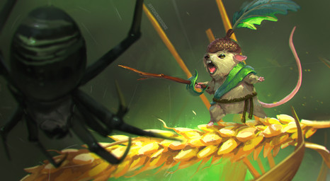 ambiguous_gender anthro arthropod_abdomen black_body black_exoskeleton brown_body brown_fur buckteeth clothing duo exoskeleton feral fur hat headgear headwear holding_melee_weapon holding_object holding_sword holding_weapon leaf leaf_clothing melee_weapon open_mouth standing sword tail teeth weapon whiskers jeffchendesigns arachnid arthropod mammal mouse murid murine rodent spider 2019 absurd_res hi_res