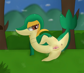anus blush bodily_fluids body_blush eyelashes female feral genital_fluids genitals lying naughty_face outside plant presenting presenting_vulva raised_leg shrub smile smirk solo spread_vulva spreading vaginal_fluids vulva vulva_blush trippybunny nintendo pokemon ailsa_the_snivy_(trippybunny) generation_5_pokemon pokemon_(species) scalie snivy 2026 digital_media_(artwork) hi_res