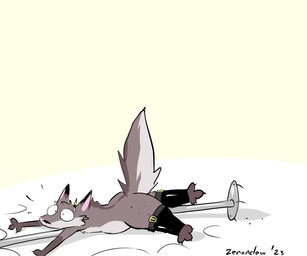 3_fingers 3_toes accident anthro bar_emanata belly big_butt big_eyes black_body black_clothing black_collar black_fur black_legwear black_nose black_stockings butt clothing collar dipstick_ears ear_markings emanata eyebrows feet femboy fingers freckled_legs freckled_thighs freckles fur gloves_(marking) grey_body grey_fur huge_thighs legwear lying male markings mostly_nude multicolored_body multicolored_ears multicolored_fur on_front onomatopoeia overweight overweight_anthro overweight_male pear-shaped_figure pole raised_tail shadow simple_background smile snout solo sound_effects spiked_collar spikes stockings stripper_pole surprised tail text thick_thighs toes wide_hips yellow_background zenonclaw zenonclaw_(character) canid canine canis fox hybrid mammal wolf 2023 dated digital_media_(artwork) flat_colors hi_res signature sketch