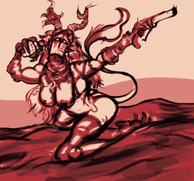 2_horns aiming anthro antlers armor armwear big_breasts breasts clothed clothing desert explosives female gesture grenade gun hair hand_gesture handgun headgear helmet horn jewelry kneeling legwear long_hair messy_hair necklace nipples outside partially_clothed pistol pointing pose ranged_weapon simple_background solo tail tail_tuft tuft weapon wittless-pilgrim demon humanoid monster 2021 absurd_res detailed digital_drawing_(artwork) digital_media_(artwork) hi_res signature sketch watermark
