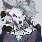 angry anthro clenched_teeth clothed clothing collar cord ear_piercing electronics eyebrow_piercing facial_piercing female fur hair holding_object holding_phone landline_phone looking_at_viewer phone piercing solo spiked_collar spikes teeth topwear white_body white_fur xxjamiepawxx helluva_boss mythology loona_(helluva_boss) canid canid_demon canine demon hellhound mammal mythological_canine mythological_creature 2022 hi_res