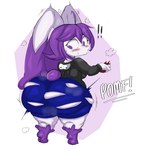 anthro anthrofied barefoot big_butt blush bottomwear butt butt_expansion candy chocolate clothing dessert exclamation_point expansion feet female food holding_candy holding_chocolate holding_food holding_object hoodie huge_butt human_to_anthro looking_back onomatopoeia open_mouth pomf purple_body purple_eyes short_stack shorts soles solo sound_effects species_transformation text thick_thighs topwear torn_bottomwear torn_clothing torn_shorts transformation white_body wide_hips purple_yoshi_draws valrie_(valriedoughs) lagomorph leporid mammal rabbit 2023 english_text hi_res