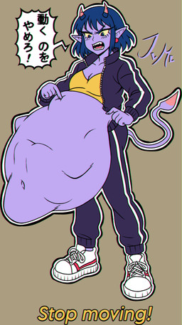 abdominal_bulge ambiguous_gender ambiguous_prey belly big_belly big_breasts blush breasts cleavage clothed clothing ear_piercing ear_ring female female_pred hair hand_on_hip horn huge_belly humanoid_pointy_ears humanoid_pred hyper hyper_belly jacket navel not_furry piercing pointy_ears poking_belly prey_outline purple_body purple_eyes purple_hair ring_piercing sharp_teeth solo struggling struggling_prey tail talking_to_prey teeth text tomboy topwear vore yellow_sclera jevmav punch_punch_forever nono_matsumoto demon demon_humanoid horned_humanoid humanoid 2025 absurd_res digital_drawing_(artwork) digital_media_(artwork) english_text full-length_portrait hi_res japanese_text portrait