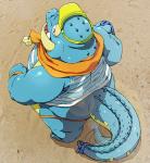 anthro beach belly blue_body butt clothing hat headgear headwear kerchief male overweight overweight_anthro overweight_male sand seaside solo speedo swimwear thong underwear visor_cap whistle_(object) hijirinoyuta lifewonders tokyo_afterschool_summoners makara_(tas) crocodile crocodilian reptile scalie 2019