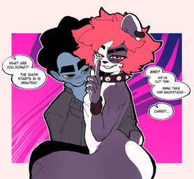 alternative_fashion anthro bedroom_eyes black_hair blue_body blue_skin clothing collar curly_hair dialogue duo ear_piercing ear_ring eye_spots femboy fur hair half-closed_eyes male mostly_nude multicolored_body multicolored_fur narrowed_eyes on_lap piercing poofy_hair punk purple_body purple_fur red_hair ring_piercing seductive simple_background sitting_on_lap smile smirk smug smug_face smug_grin speech_bubble studded_collar studs sweater text topwear turtleneck two_tone_body two_tone_fur white_body white_fur wristband evilcrispicular crispy_(evilcrispicular) rysoka bear giant_panda humanoid mammal english_text hi_res