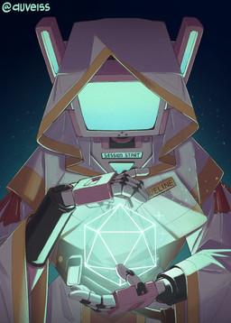 5_fingers ambiguous_gender cable clothed clothing dice fingers hologram hood machine name_tag night solo tail auveiss dungeons_and_dragons hasbro wizards_of_the_coast aveline_(auveiss) humanoid robot 2025 digital_media_(artwork) hi_res