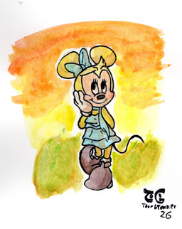 accessory anthro blonde_hair blue_clothing blue_dress bow_ribbon clothed clothing dress eyelashes female gloves hair hair_accessory hair_bow hair_ribbon handwear ribbons simple_background smile solo toongrowner disney minnie_mouse mammal mouse murid murine rodent hi_res painting_(artwork) watercolor_(artwork)