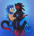 4_fingers 5_eyes 5_fingers anthro arm_around_partner arm_around_waist black_body black_skin blue_body blue_claws blue_eyebrows blue_nose blue_scales blue_skin blue_tail bubble claws duo eye_contact eyebrows fangs fin finger_claws fingers green_eyes hand_holding light looking_at_another male male/male markings mouthless multi_eye multicolored_body noseless nude_anthro nude_male red_markings red_sclera romantic romantic_couple scales split_form tail tail_fin tan_body tan_inner_ear tan_skin teeth tentacles underwater water yellow_sclera beastofeuthanasia sega sonic_the_hedgehog_(series) shadow_the_hedgehog sonic_the_hedgehog eulipotyphlan hedgehog hybrid mammal marine merfolk octopus_merfolk 2025 colored digital_drawing_(artwork) digital_media_(artwork) english_description hi_res lighting shaded