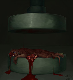 anthro blood bodily_fluids crush death genitals gore gore_focus grotesque_death humanoid_genitalia humanoid_penis hydraulic_press male nude open_mouth organs penis snuff solo lil_beetle lizard reptile scalie hi_res