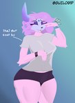 anthro big_butt breasts butt clothing female front_view hair medium_breasts pink_body pokemorph purple_hair shirt short solo thick_thighs topwear guilo91p nintendo pokemon fan_character absol generation_3_pokemon pokemon_(species) hi_res