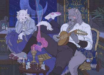 anthro black_body black_fur bottomwear candle claws clothed clothing crescent_moon duo eyes_closed facial_scar fantasy feet finger_claws fur furniture gothic_architecture holding_lute incense incense_burner incense_smoke inside jewelry kemono lute male male/male medieval moon musical_instrument musical_note musical_symbol necklace night ornate_furniture pants pawpads paws playing_music plucked_string_instrument poet_shirt scar sheet_music shirt string_instrument symbol tail tapestry toe_claws topwear white_body white_fur luoluokun elden_ring fromsoftware blaidd_(elden_ring) canid canine canis mammal wolf absurd_res hi_res