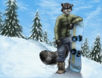 anthro athletic athletic_anthro athletic_male blue_eyes boots clothing cloud footwear infantry male military one_eye_closed outside shoes sky smile smirk snow snowboard snowboarding soldier solo tail warrior wink winter sabretoothed_ermine azban mammal procyonid raccoon