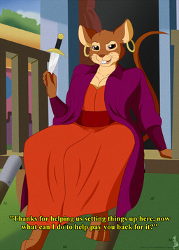 anthro barefoot clothed clothing coat dagger dress ear_piercing ear_ring feet female hoop_ear_ring looking_at_viewer melee_weapon piercing ring_piercing sitting smile smiling_at_viewer solo topwear weapon jorge-the-wolfdog nelvana redwall wild_ivy_(redwall) mammal mouse murid murine rodent wood_mouse 2021 digital_media_(artwork) hi_res