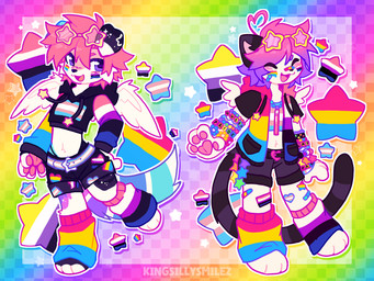 ambiguous_gender anthro bandage belt bottomwear clothing crop_top duo eyewear fur genderfluid_pride_colors hoodie lgbt_pride nonbinary_pride_colors pansexual_pride_colors pink_body pink_fur pride_colors shirt shorts sparklefur star_symbol sunglasses tail topwear transgender_pride_colors white_body white_fur wings kingsillysmilez lgbt_pride_month sillyband_(kingsillysmilez) space_(kingsillysmilez) domestic_cat felid feline felis mammal 4:3 colorful_theme hi_res