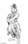 anthro bottomwear cane clothing female hat headgear headwear italian looking_up male oversized_bottomwear oversized_clothing oversized_pants pants pose simple_background snout solo standing white_background worn_clothing simusart pinocchio "honest"_john_foulfellow canid canine fox humanoid mammal hi_res monochrome