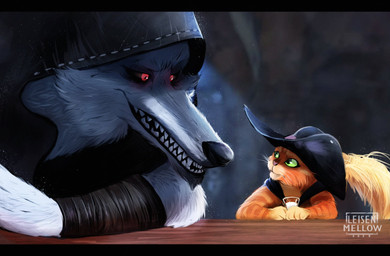 anthro arm_tuft arm_wrapping arm_wraps beverage cape cheek_tuft chin_tuft cloak clothing container counter cup duo elbow_tuft eye_contact eyeliner facial_markings facial_tuft fluffy frown fur fuzzy glass glass_container glass_cup glowing glowing_eyes green_eyes grey_body grey_fur grin hat head_markings headgear headwear holding_beverage holding_container holding_cup holding_object hood hood_up inside leaning leaning_forward looking_at_another makeup male markings mask_(marking) milk orange_body orange_fur poncho red_eyes sharp_teeth side_by_side sitting sitting_together size_difference smile teeth tuft whiskers wrapped_arms wraps leisen_mellow dreamworks puss_in_boots_(franchise) death_(puss_in_boots) puss_in_boots_(dreamworks) canid canine canis domestic_cat felid feline felis mammal tabby_cat wolf hi_res watermark