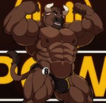 abs anthro areola biped brown_body brown_fur bulge fur horn male muscular muscular_anthro muscular_male nipples open_mouth open_smile pecs smile solo darknaigart bovid bovine cattle mammal absurd_res hi_res