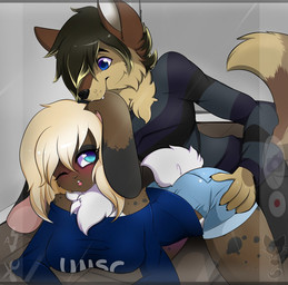 all_fours anthro bite biting_another biting_partner blush camera_view clothing duo ear_bite ear_play female female_penetrated grey_background male male/female male_penetrating male_penetrating_female penetration scut_tail sex short_tail simple_background tail conditional_dnp teranen ruben_kingston serene_kingston canid canine canis lagomorph leporid mammal rabbit wolf