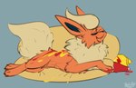 blush embarrassed female feral food food_fetish food_play fur hot_dog inviting ketchup looking_at_viewer mustard nipples open_mouth orange_body presenting quadruped seductive simple_background smile solo splayed teasing heliofox nintendo pokemon canid canine eeveelution flareon generation_1_pokemon mammal pokemon_(species) digital_media_(artwork) hi_res