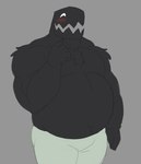 anthro black_body black_fur blush blush_lines bottomwear clothing fur gesture hand_gesture happy male musclegut muscular muscular_anthro overweight overweight_anthro pants pointing pointing_at_self shirtless_male solo rahzorart geometry_dash robtopgames monster monster_(geometry_dash) hi_res