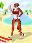 2015 absurd_res anthro beach beverage bikini biped clothing detailed_background dreamworks drinking_straw fan_character felid female food heart_symbol hi_res holidays kung_fu_panda licking mammal monochrome mostly_nude outside palm_tree pantherine panties plant plejman sand sea seaside silly_straw sky solo standing stripes swimwear tiger tongue tongue_out towel tree two-piece_swimsuit underwear water yan_(plejman)